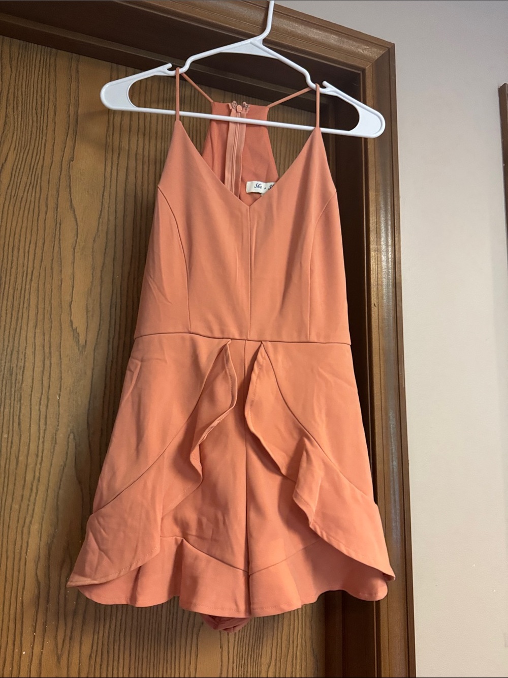 She and Sky Coral Peach Ruffle Romper